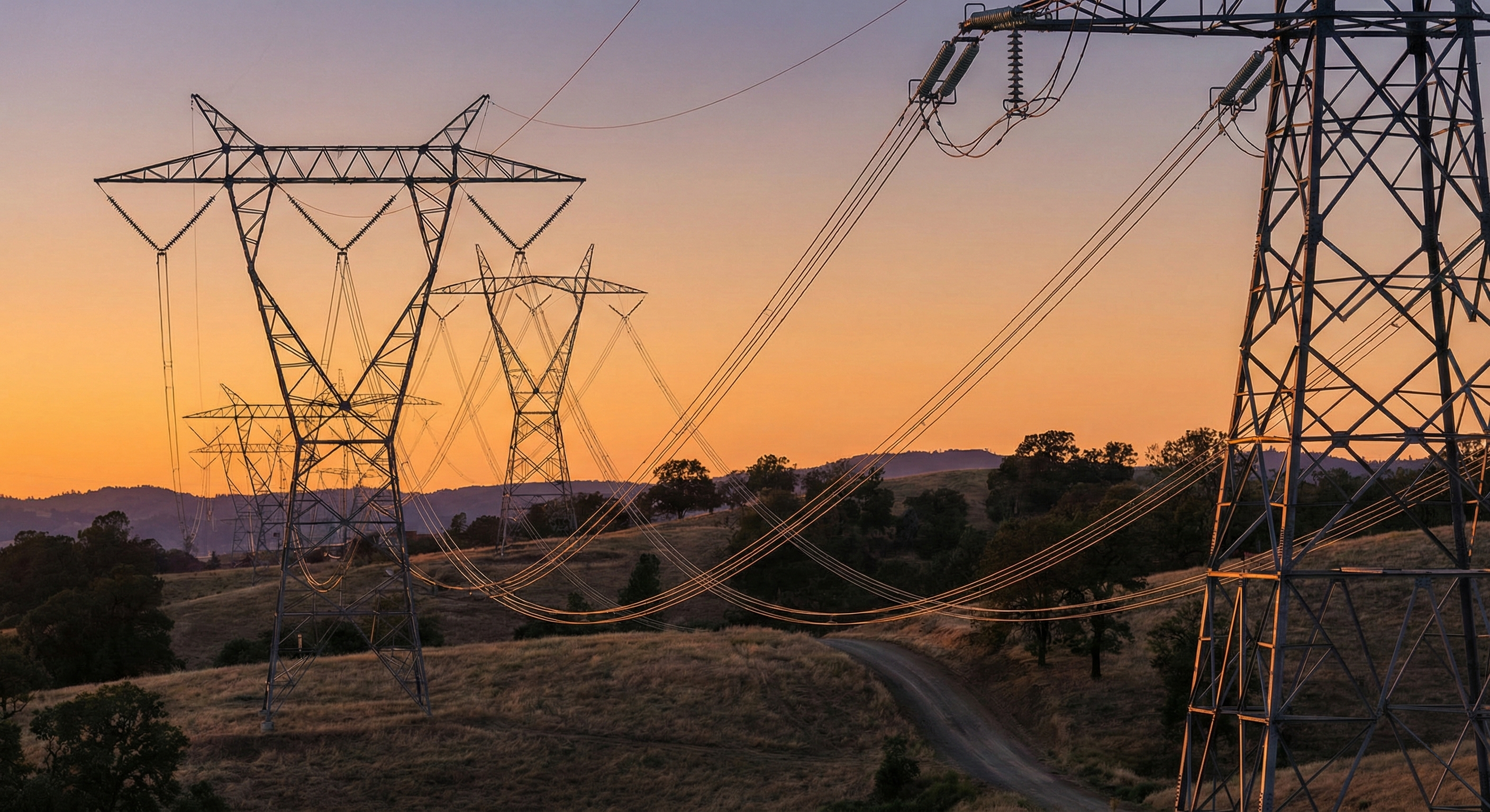 Líneas de alta tensión mostrando la transmisión de energía a alto voltaje y baja corriente