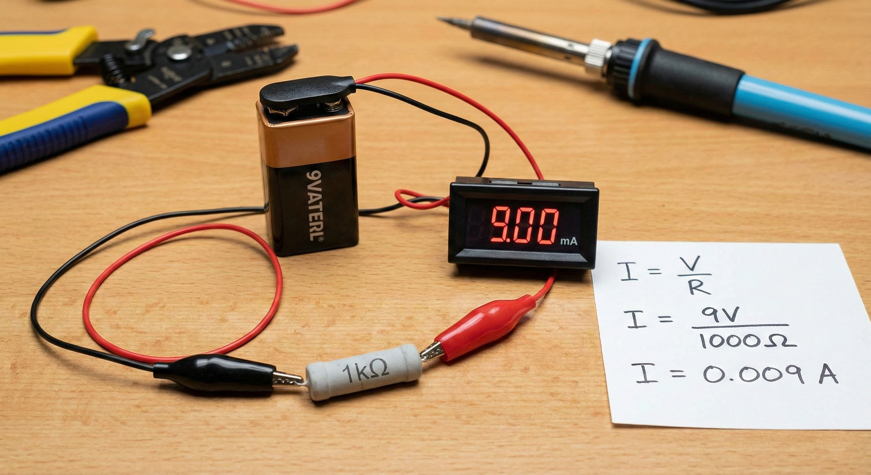 Resistencia conectada a una batería mostrando la relación entre voltaje, corriente y resistencia