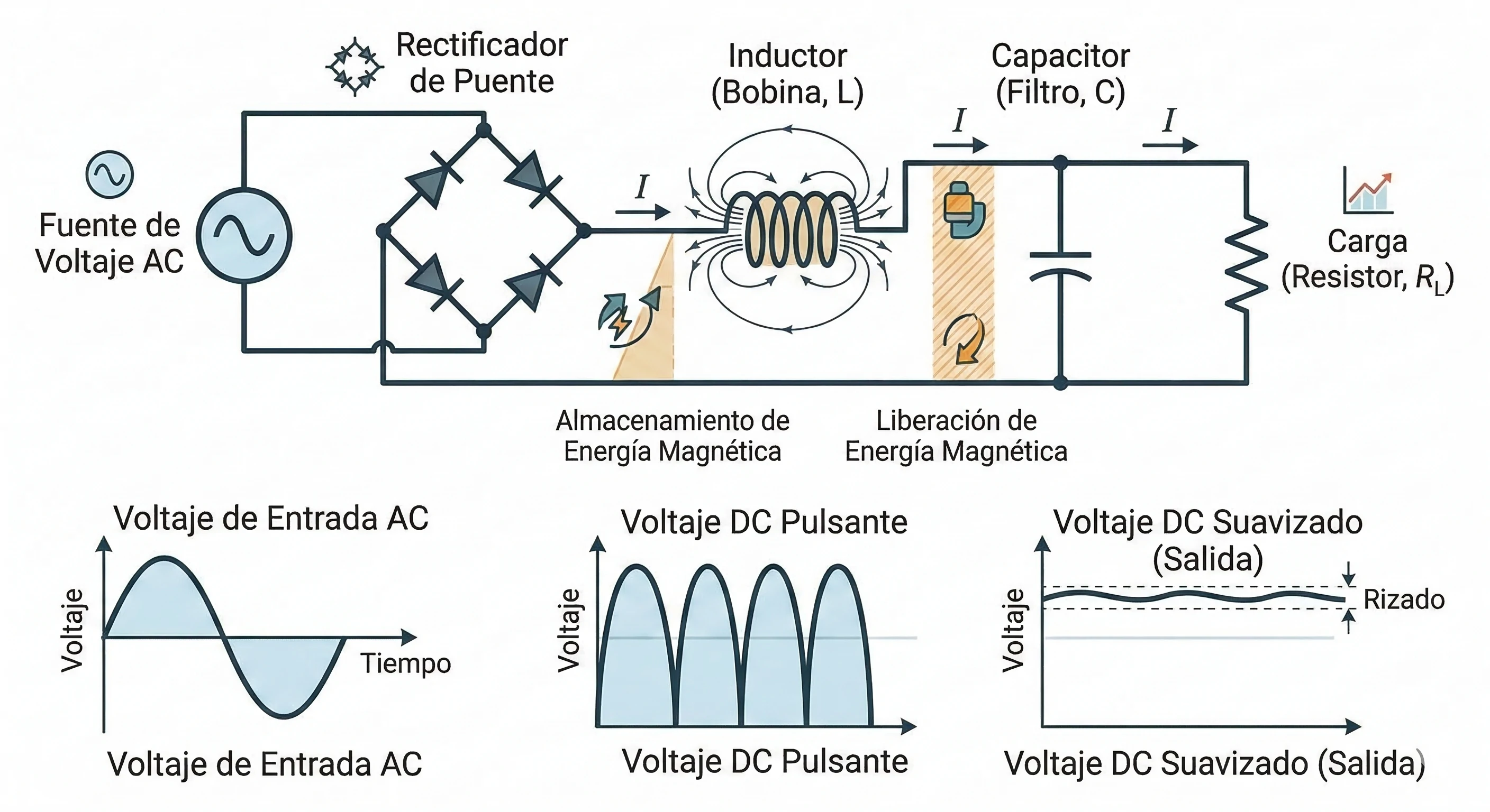 Uso de una bobina en un circuito electrónico para almacenar energía y filtrar señales